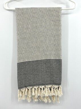 Teema Towels and Blankets Black Ivory Fringe Cotton Blanket